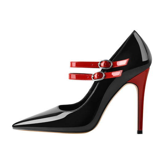 Pointed Toe Buckle Strap Patent Leather Stiletto Pumps - Onlymaker Quality