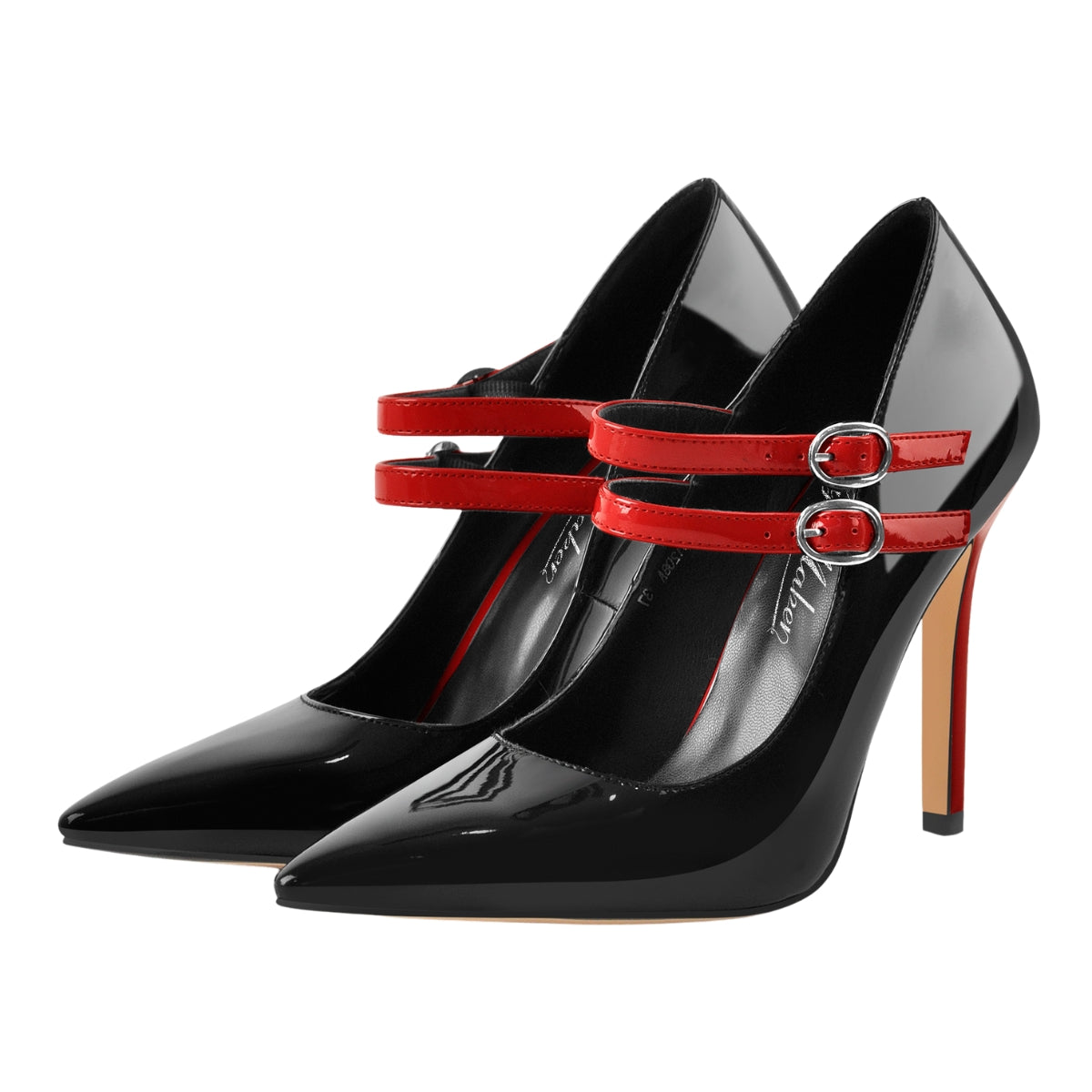 Pointed Toe Buckle Strap Patent Leather Stiletto Pumps - Onlymaker Quality