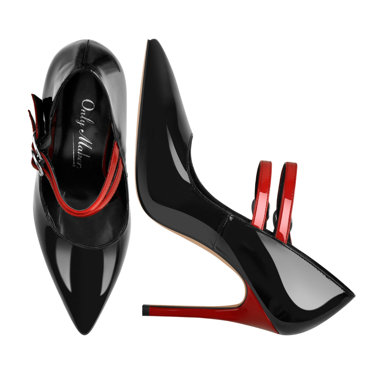 Pointed Toe Buckle Strap Patent Leather Stiletto Pumps - Onlymaker Quality