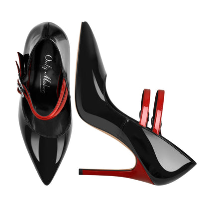 Pointed Toe Buckle Strap Patent Leather Stiletto Pumps - Onlymaker Quality