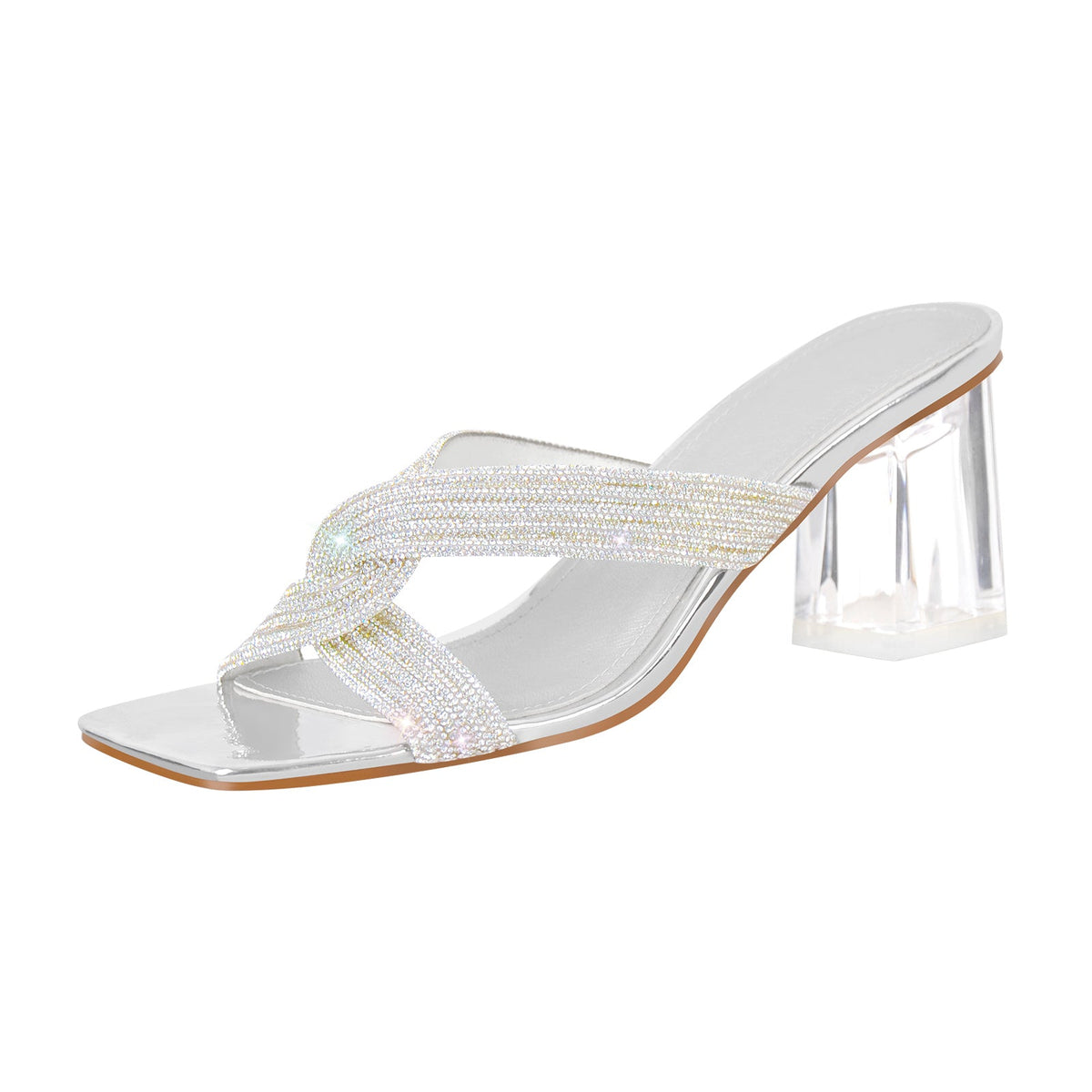 Rhinestone Strap Clear Block Sandals Mules - Onlymaker Best Price
