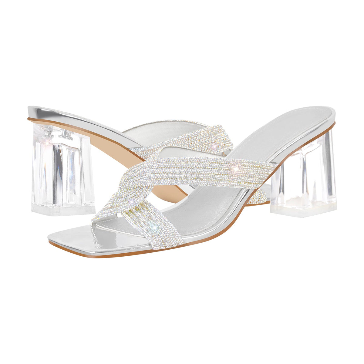 Rhinestone Strap Clear Block Sandals Mules - Onlymaker Best Price