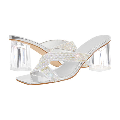 Rhinestone Strap Clear Block Sandals Mules - Onlymaker Best Price