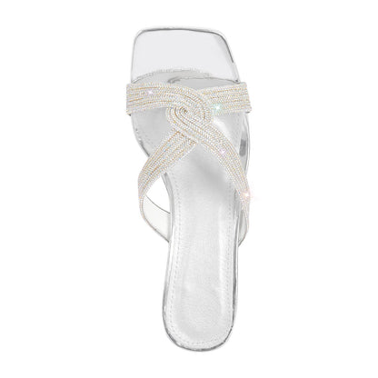 Rhinestone Strap Clear Block Sandals Mules - Onlymaker Best Price