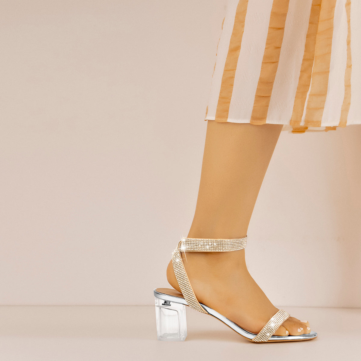 Rhinestone Strap Clear Block Chunky Sandals - Onlymaker Premium