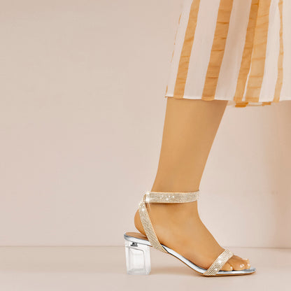 Rhinestone Strap Clear Block Chunky Sandals - Onlymaker Premium
