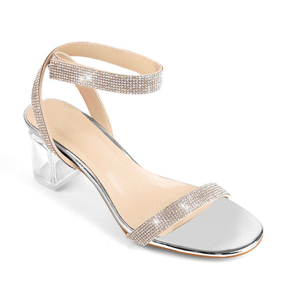Rhinestone Strap Clear Block Chunky Sandals - Onlymaker Premium