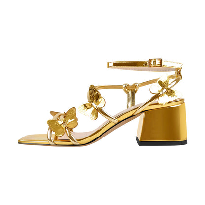 Ankle Strap Butterfly Decor Mid Chunky Heels Sandals - Onlymaker Essential