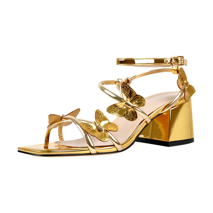 Ankle Strap Butterfly Decor Mid Chunky Heels Sandals - Onlymaker Essential