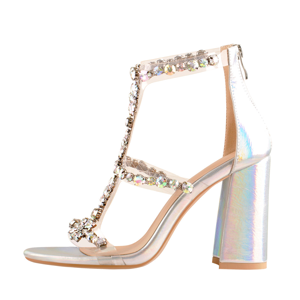 Open Toe Gem Rhinestone Transparent Strap Chunky Heel Sandals - Onlymaker New