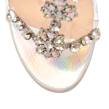 Open Toe Gem Rhinestone Transparent Strap Chunky Heel Sandals - Onlymaker New