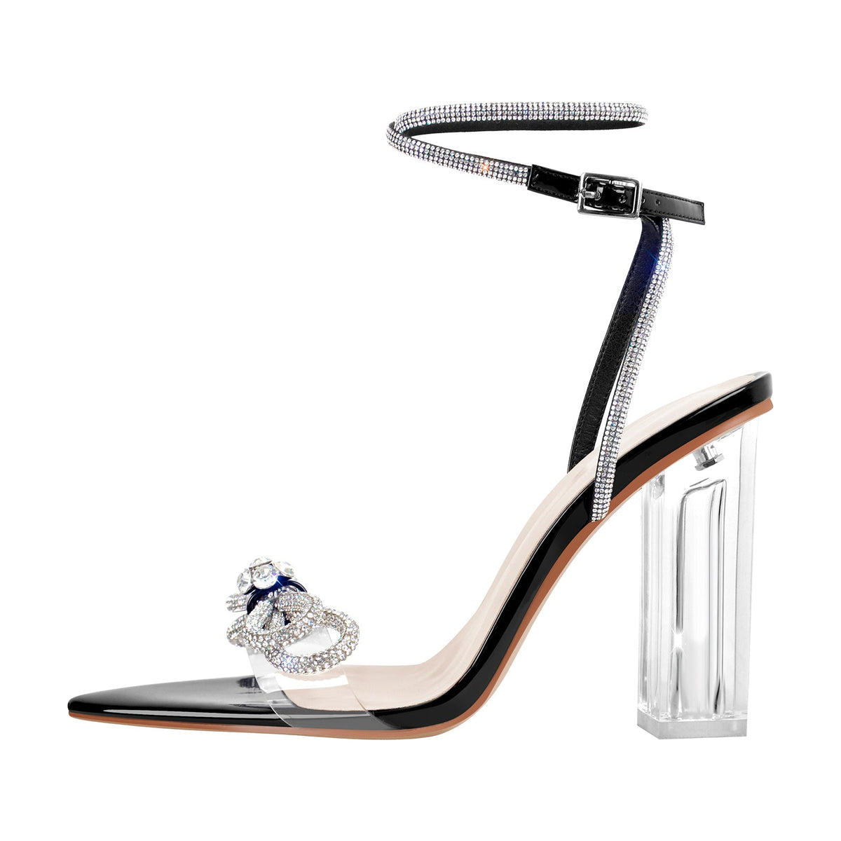 Rhinestone Bow Clear Chunky Heel Sandals - Onlymaker Premium