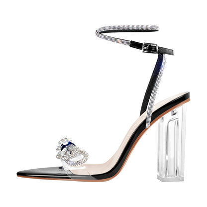 Rhinestone Bow Clear Chunky Heel Sandals - Onlymaker Premium