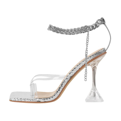 Silver Square Toe Metal Chain Tapered Heel Sandals - Onlymaker Trending