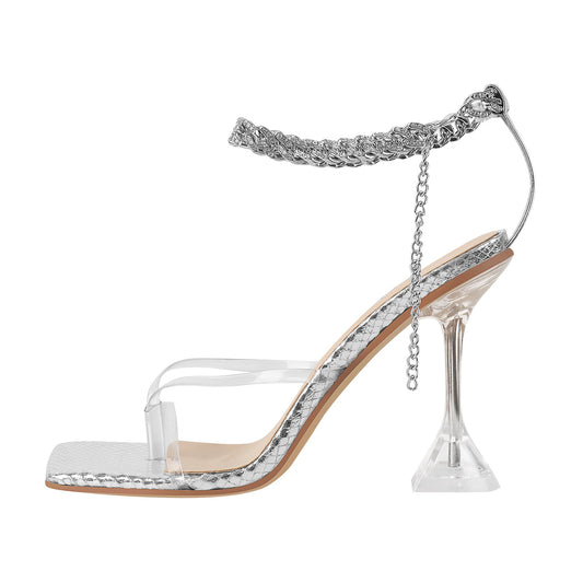 Silver Square Toe Metal Chain Tapered Heel Sandals - Onlymaker Trending