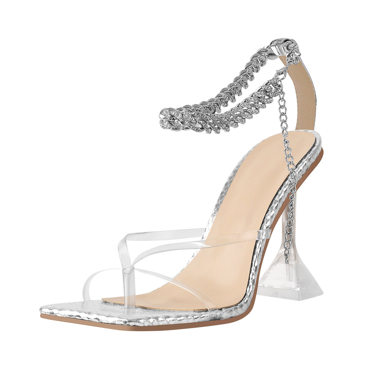 Silver Square Toe Metal Chain Tapered Heel Sandals - Onlymaker Trending