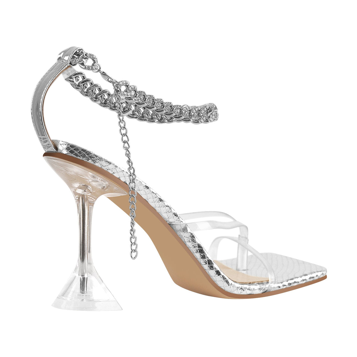 Silver Square Toe Metal Chain Tapered Heel Sandals - Onlymaker Trending