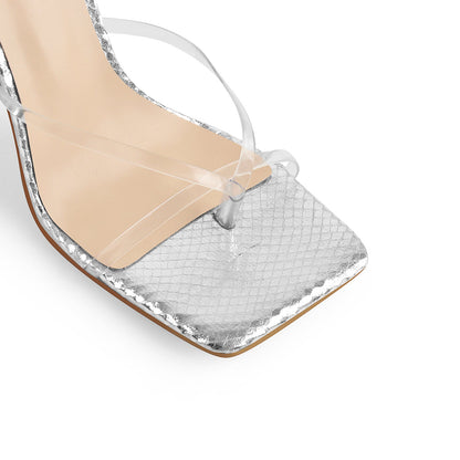 Silver Square Toe Metal Chain Tapered Heel Sandals - Onlymaker Trending