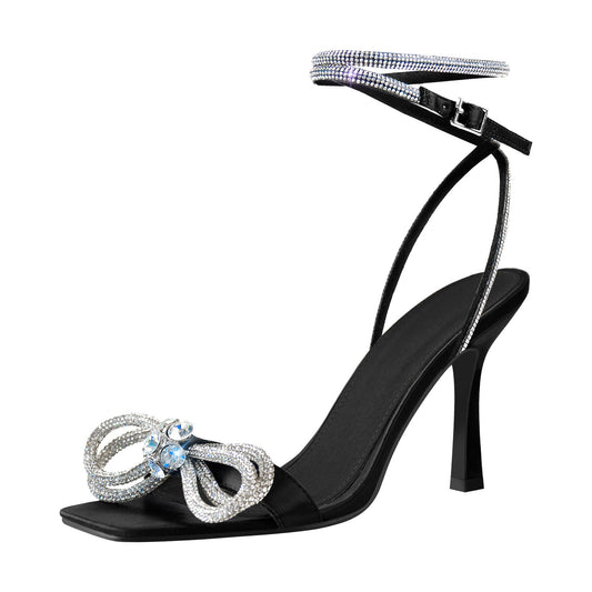 Square Toe Diamante Bow Rhinestone Ankle Strap Sandals - Onlymaker Deals