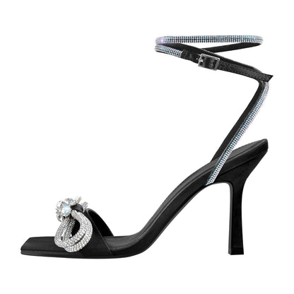 Square Toe Diamante Bow Rhinestone Ankle Strap Sandals - Onlymaker Deals