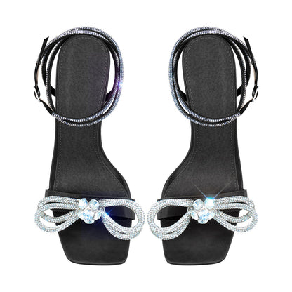 Square Toe Diamante Bow Rhinestone Ankle Strap Sandals - Onlymaker Deals