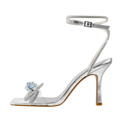 Square Toe Diamante Bow Rhinestone Ankle Strap Sandals - Onlymaker Deals