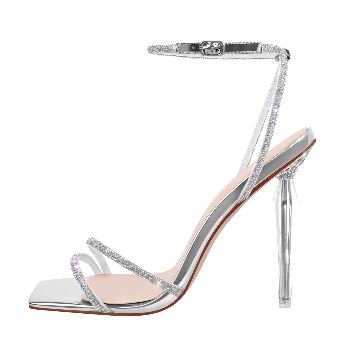 Rhinestone Square Toe Ankle Strap Clear Heel Sandals - Onlymaker Signature