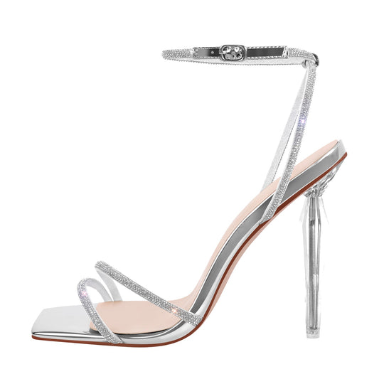 Rhinestone Square Toe Ankle Strap Clear Heel Sandals - Onlymaker Signature