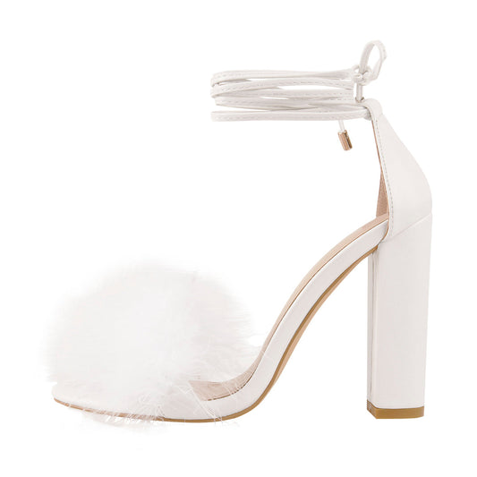 Fluffy Feather Chunky High Heel Sandals - Onlymaker Featured