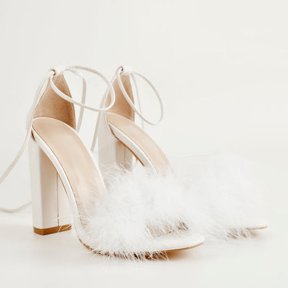 Fluffy Feather Chunky High Heel Sandals - Onlymaker Featured