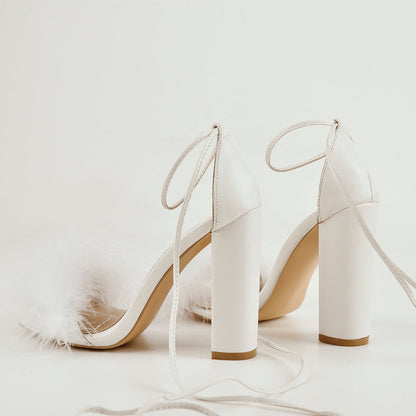 Fluffy Feather Chunky High Heel Sandals - Onlymaker Featured