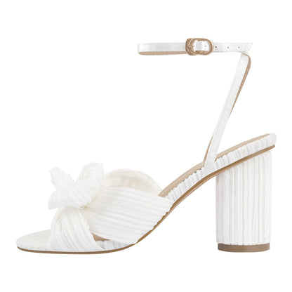 Pleated Bow Cylindrical Chunky Heel Sandals - Onlymaker Premium