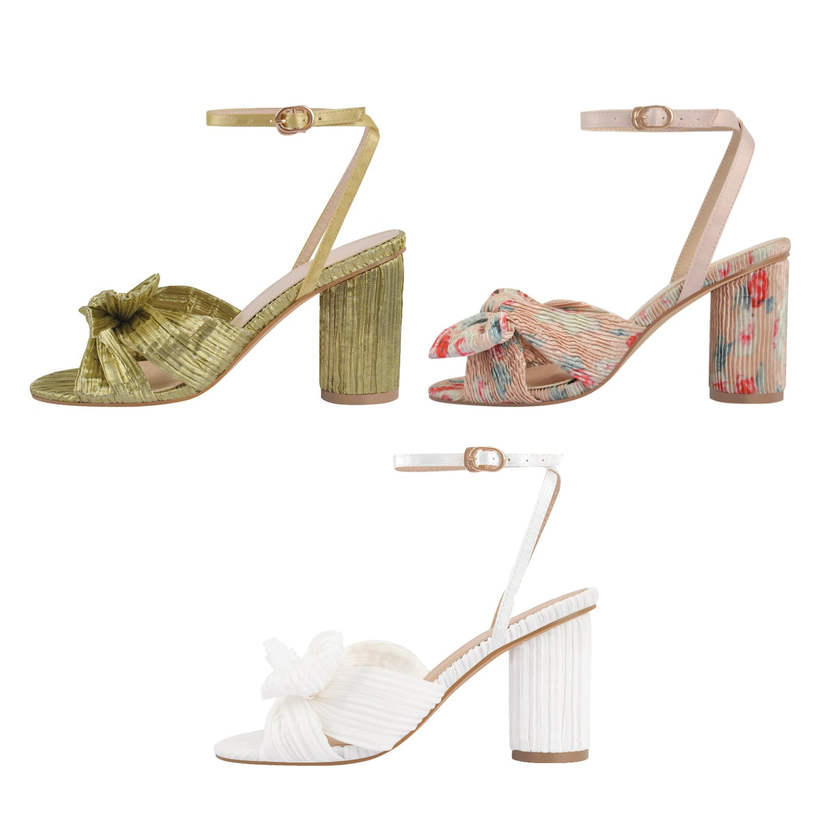 Pleated Bow Cylindrical Chunky Heel Sandals - Onlymaker Premium