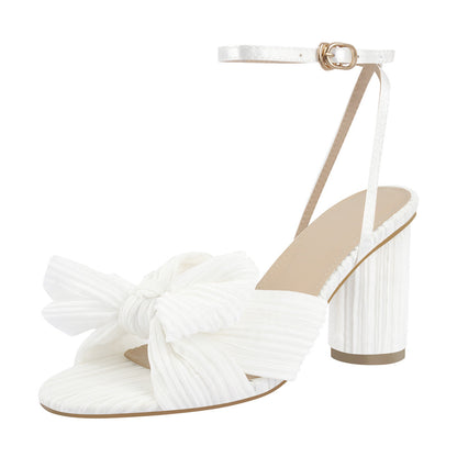 Pleated Bow Cylindrical Chunky Heel Sandals - Onlymaker Premium