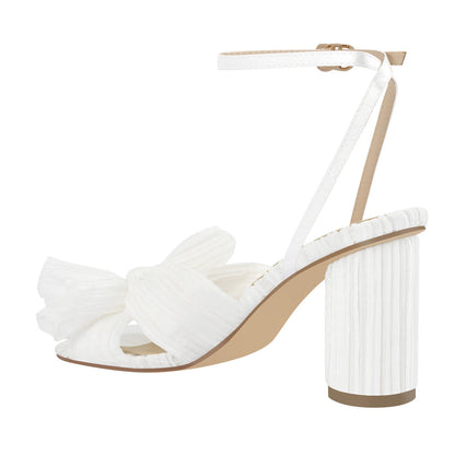 Pleated Bow Cylindrical Chunky Heel Sandals - Onlymaker Premium