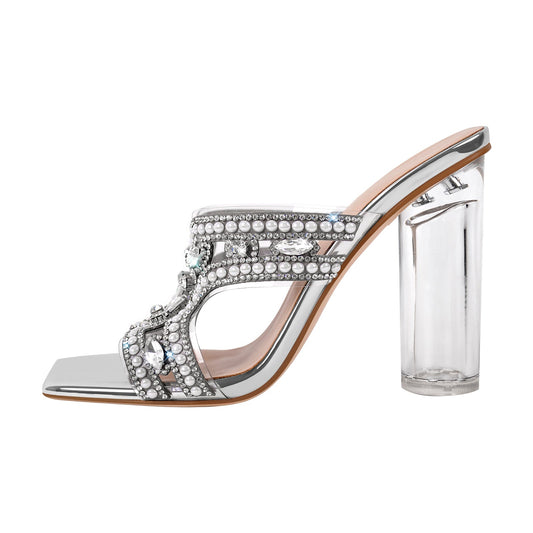 Pearl Rhinestone Square Toe Chunky Heel Sandals - Onlymaker Top Pick