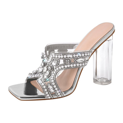 Pearl Rhinestone Square Toe Chunky Heel Sandals - Onlymaker Top Pick