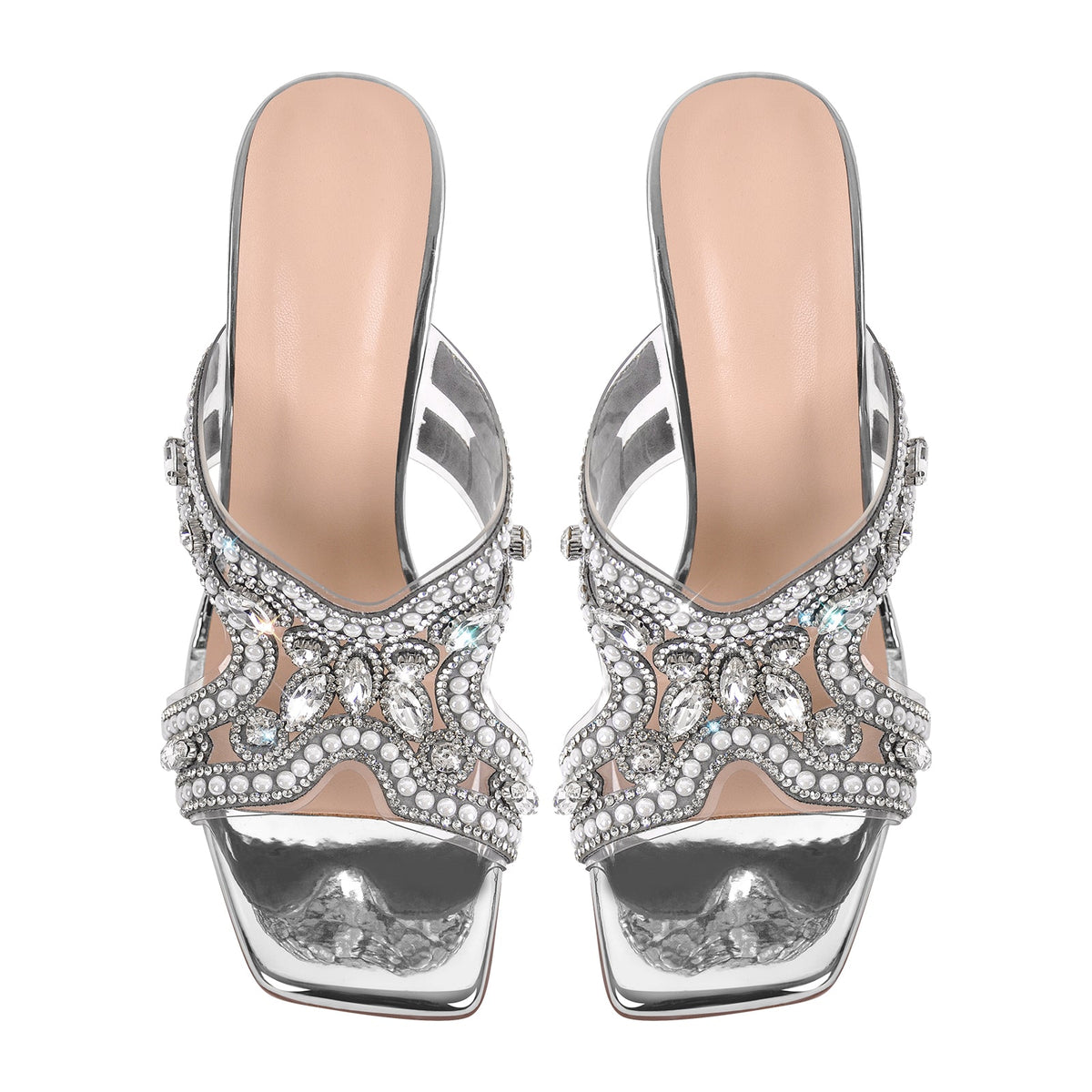 Pearl Rhinestone Square Toe Chunky Heel Sandals - Onlymaker Top Pick