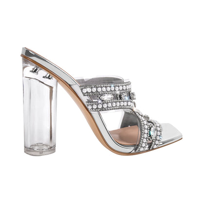 Pearl Rhinestone Square Toe Chunky Heel Sandals - Onlymaker Top Pick