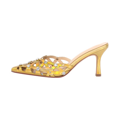 Rhinestone Pointed Toe Hollow Mules Sandals - Onlymaker Top Pick