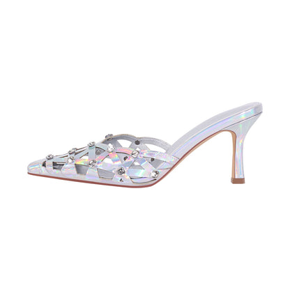 Rhinestone Pointed Toe Hollow Mules Sandals - Onlymaker Top Pick