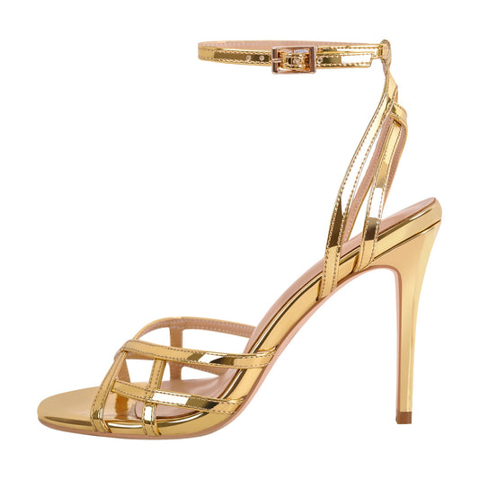 Gold Round Toe Ankle Strap Stiletto Sandals - Onlymaker Popular