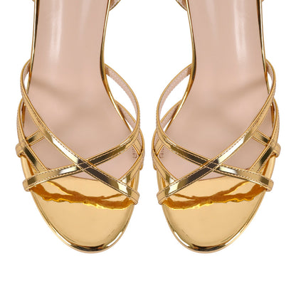 Gold Round Toe Ankle Strap Stiletto Sandals - Onlymaker Popular