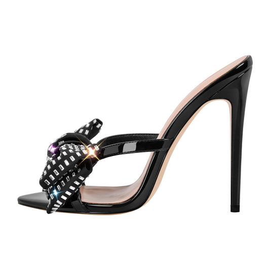 Rhinestone Pointed Toe Bow Stiletto Sandals Mules - Onlymaker Sale
