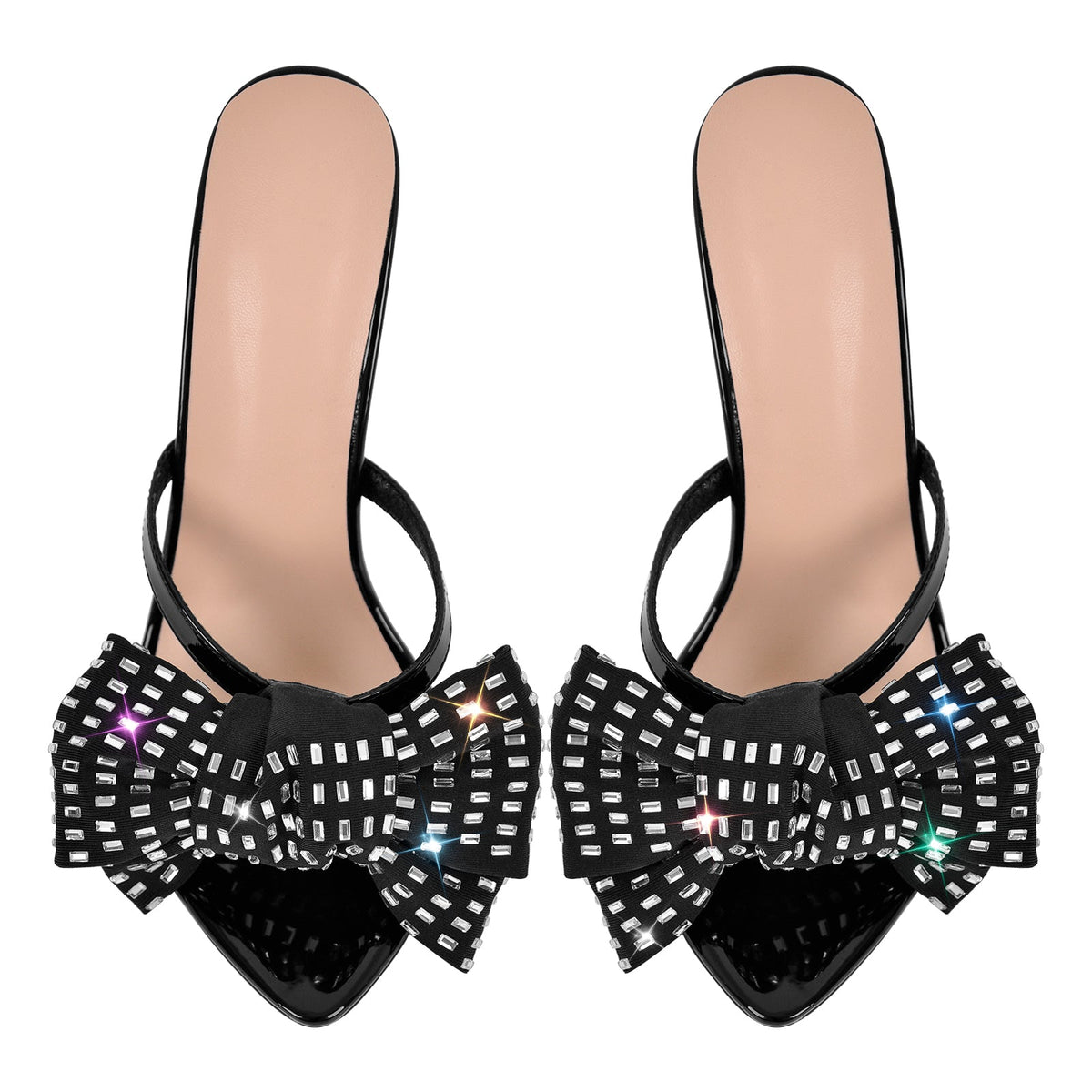 Rhinestone Pointed Toe Bow Stiletto Sandals Mules - Onlymaker Sale