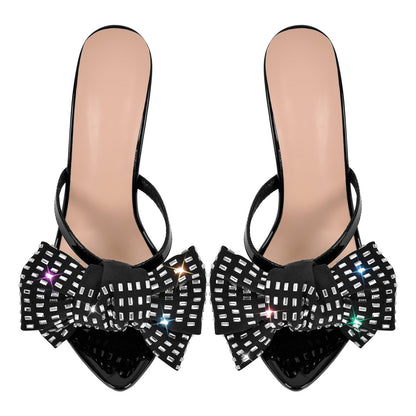 Rhinestone Pointed Toe Bow Stiletto Sandals Mules - Onlymaker Sale