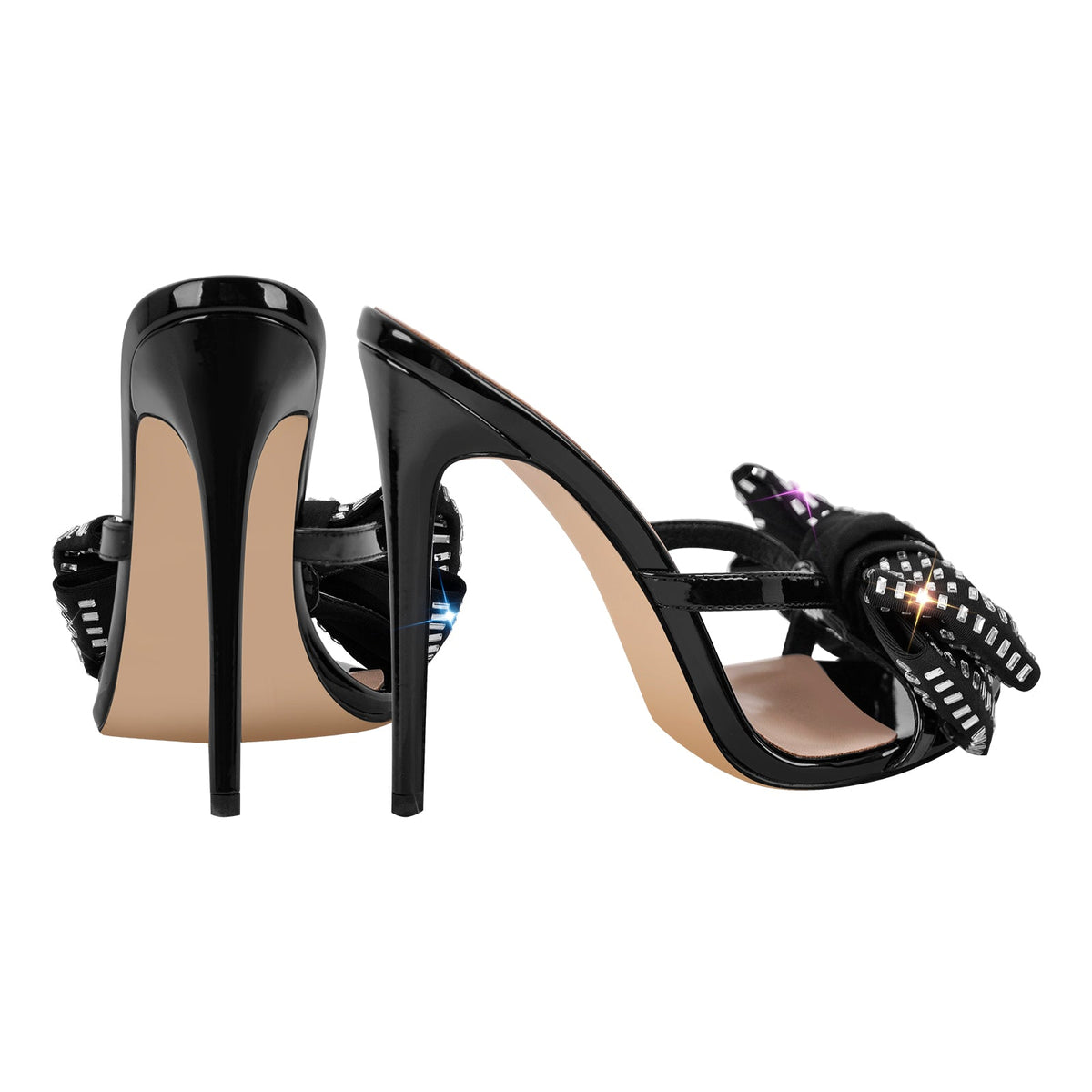 Rhinestone Pointed Toe Bow Stiletto Sandals Mules - Onlymaker Sale