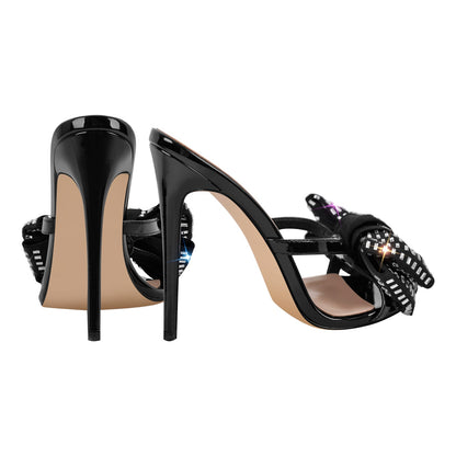Rhinestone Pointed Toe Bow Stiletto Sandals Mules - Onlymaker Sale