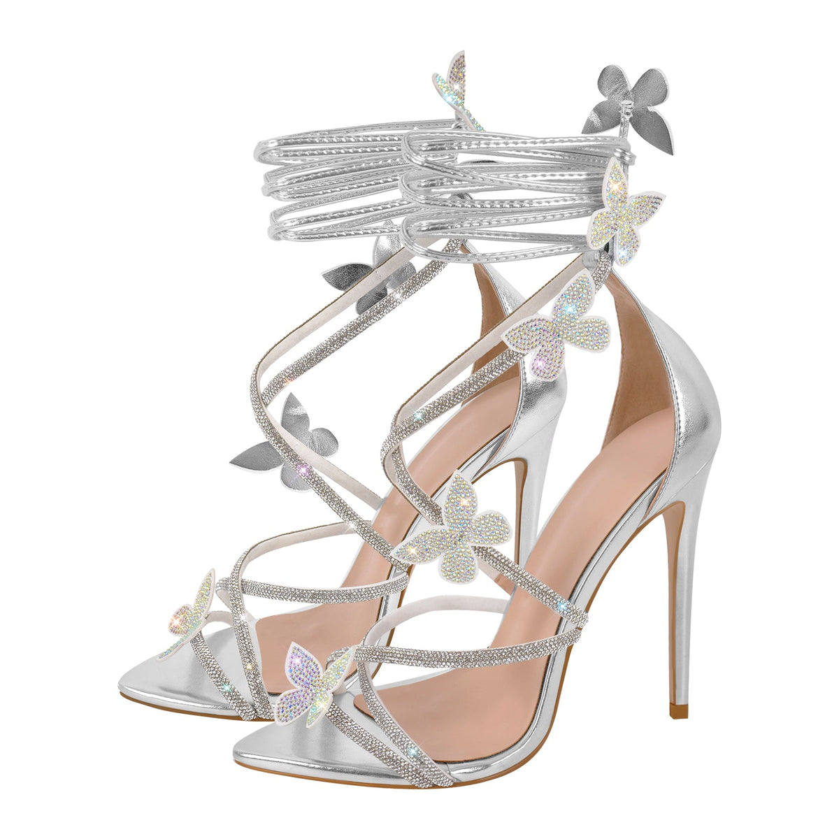 Rhinestone Butterfly Pointed Toe Stiletto Sandals - Onlymaker Recommended