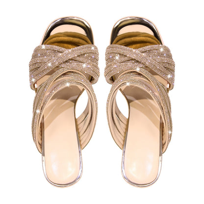 Rhinestone Round Toe Stiletto Sandals Mules - Onlymaker Exclusive